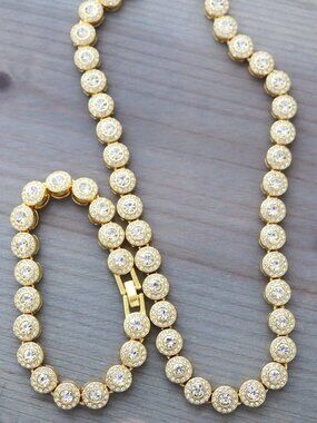 Round Halo Cluster CZ Diamond Tennis Style Necklace/Bracelet Jewelry Sets 18k GP